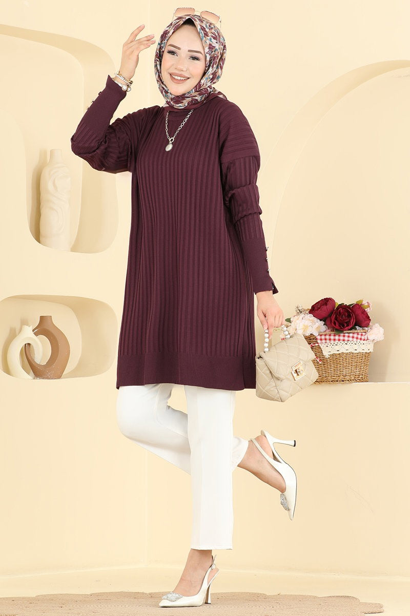 Mercerised Tunic with Buttoned Sleeves - Plum