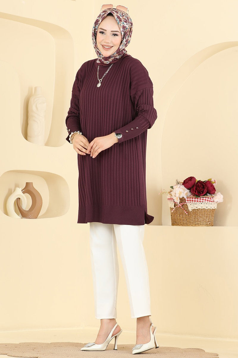 Mercerised Tunic with Buttoned Sleeves - Plum