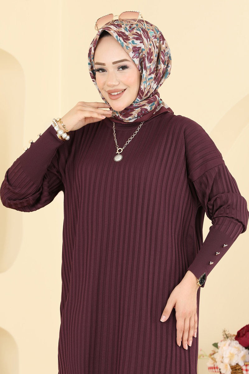 Mercerised Tunic with Buttoned Sleeves - Plum