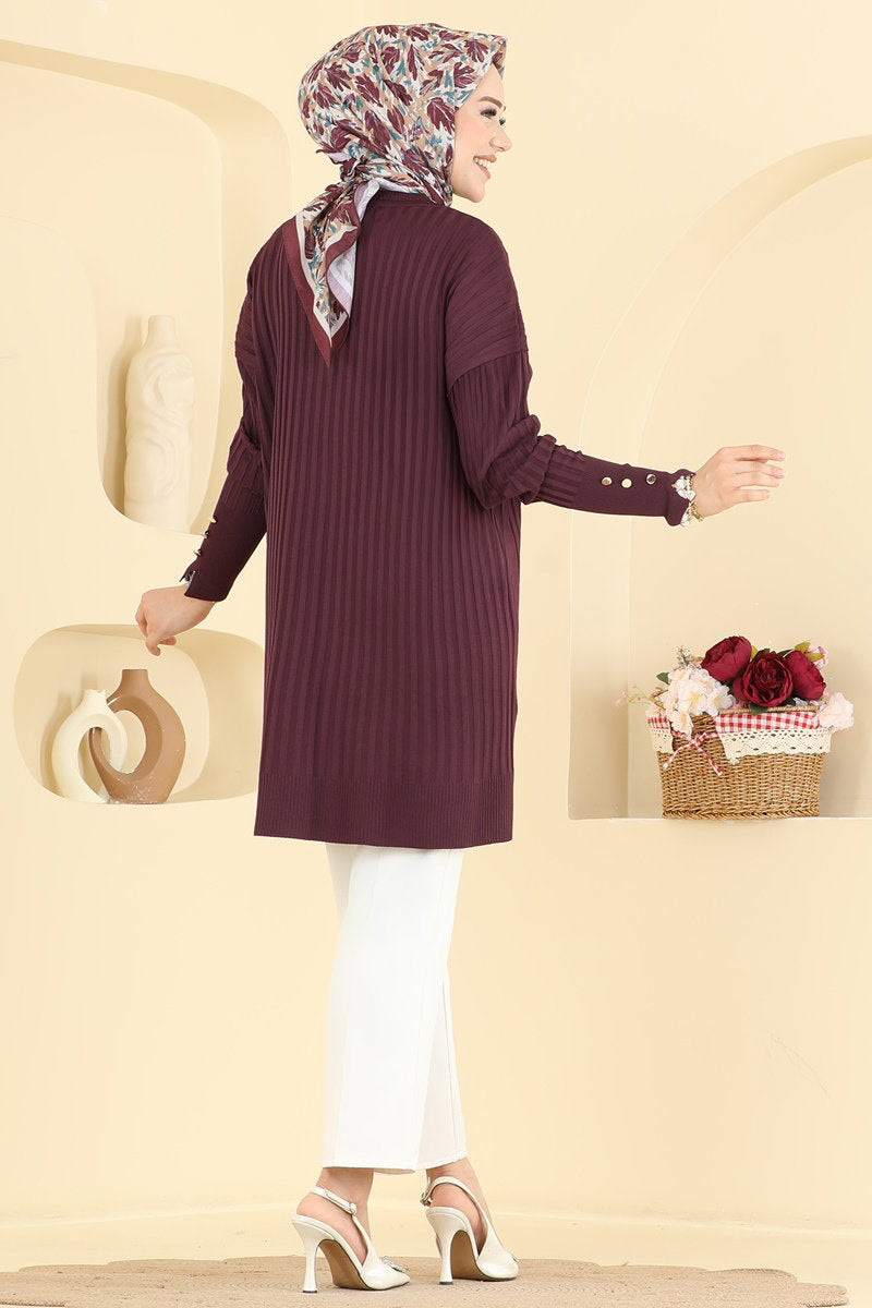 Mercerised Tunic with Buttoned Sleeves - Plum