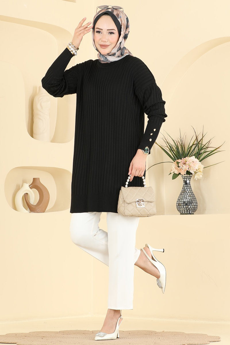 Mercerised Tunic with Buttoned Sleeves - Black