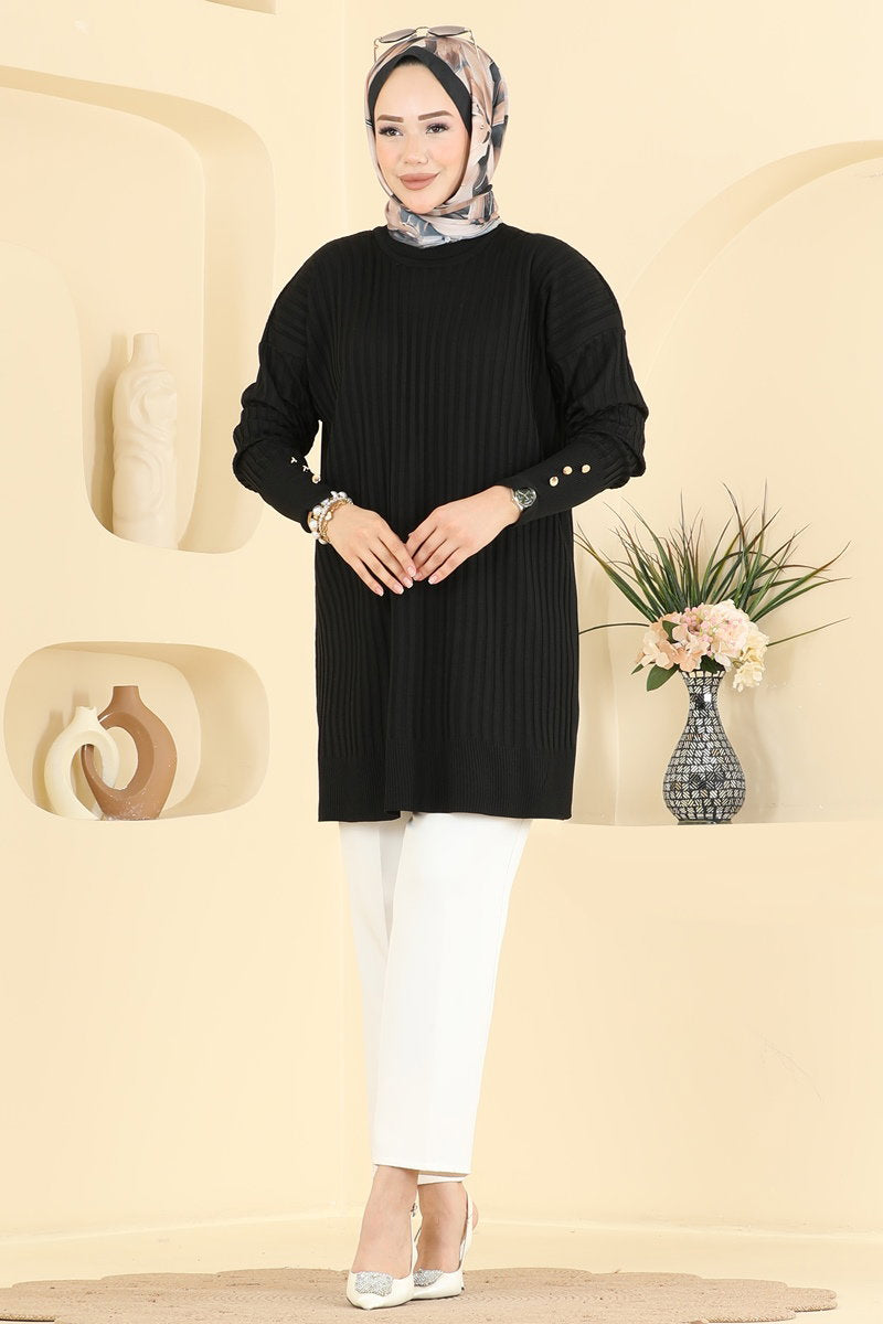 Mercerised Tunic with Buttoned Sleeves - Black