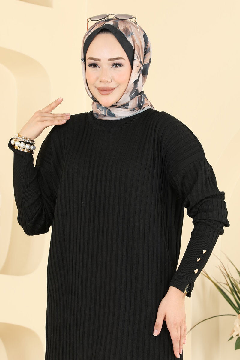 Mercerised Tunic with Buttoned Sleeves - Black