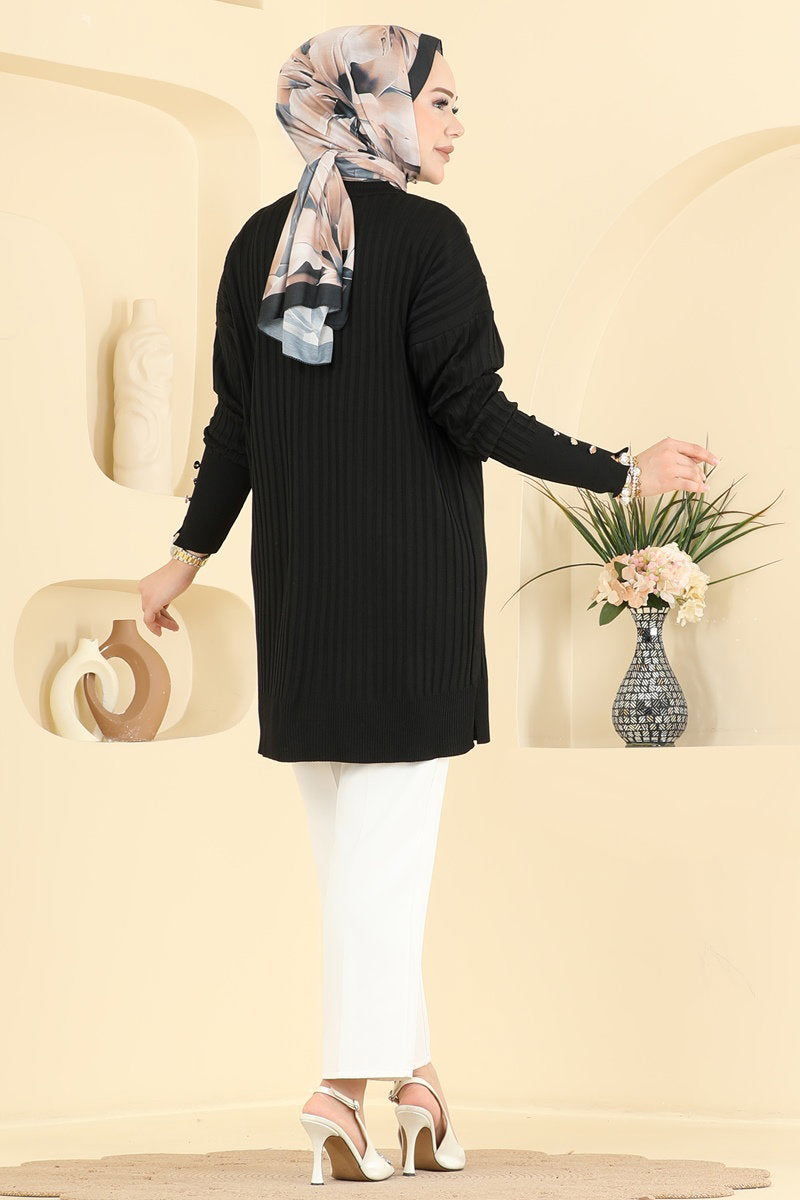 Mercerised Tunic with Buttoned Sleeves - Black