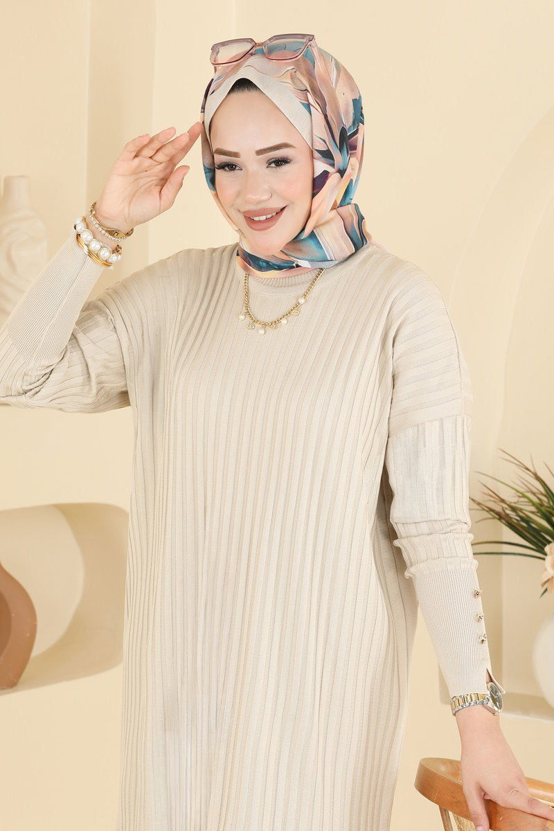Mercerised Tunic with Buttoned Sleeves - Stone