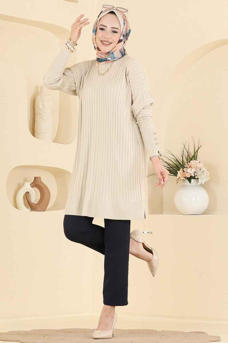 Mercerised Tunic with Buttoned Sleeves - Stone