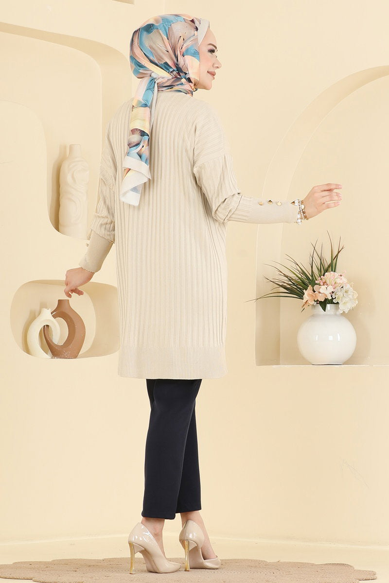 Mercerised Tunic with Buttoned Sleeves - Stone