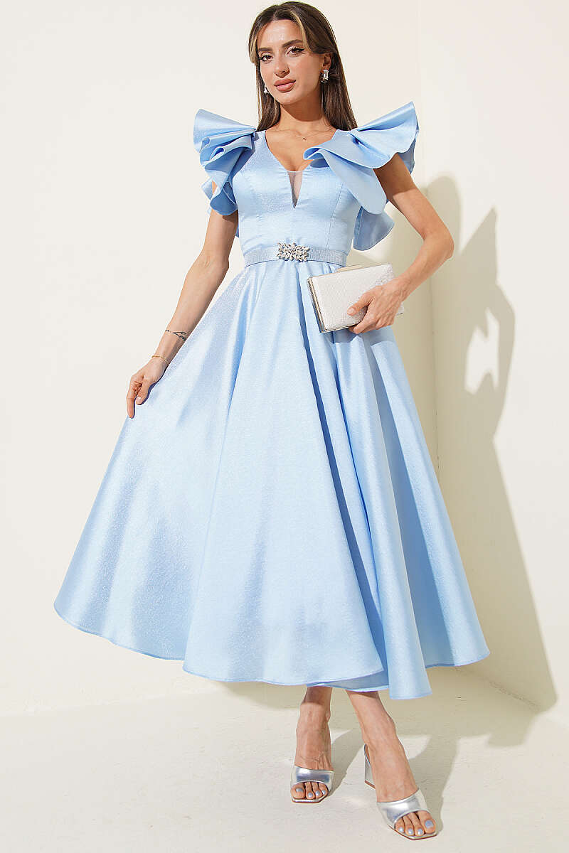 Evening Dress with Ruffled Sleeves - Light Blue