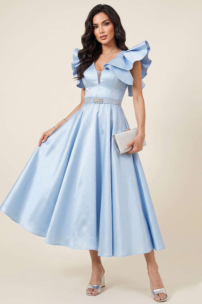 Evening Dress with Ruffled Sleeves - Light Blue
