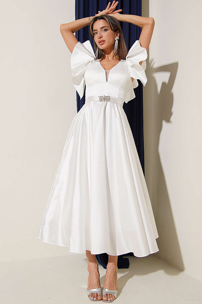 Evening Dress with Ruffled Sleeves - Ecru