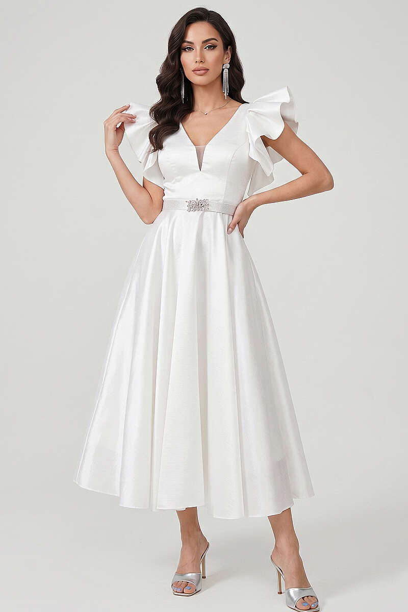 Evening Dress with Ruffled Sleeves - Ecru