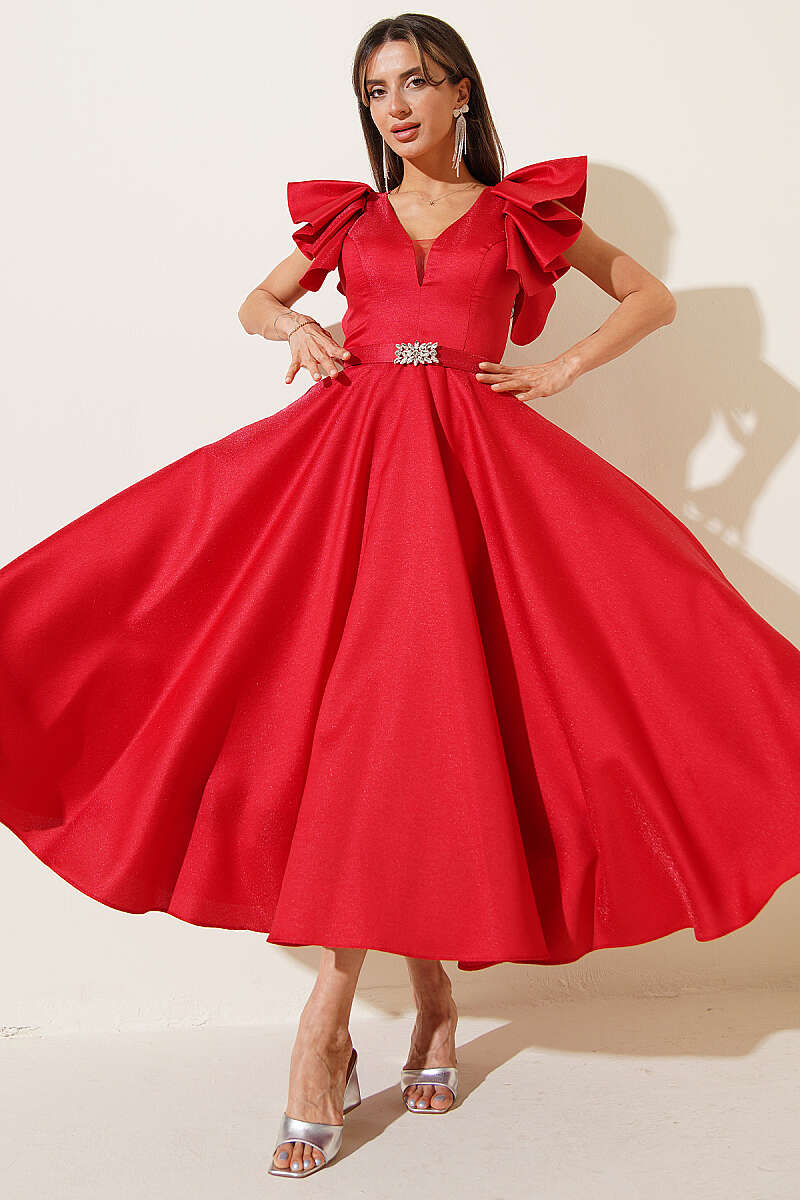Evening Dress with Ruffled Sleeves - Red