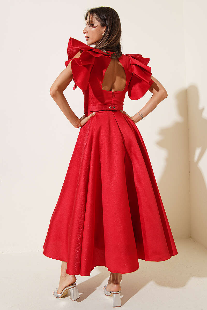 Evening Dress with Ruffled Sleeves - Red