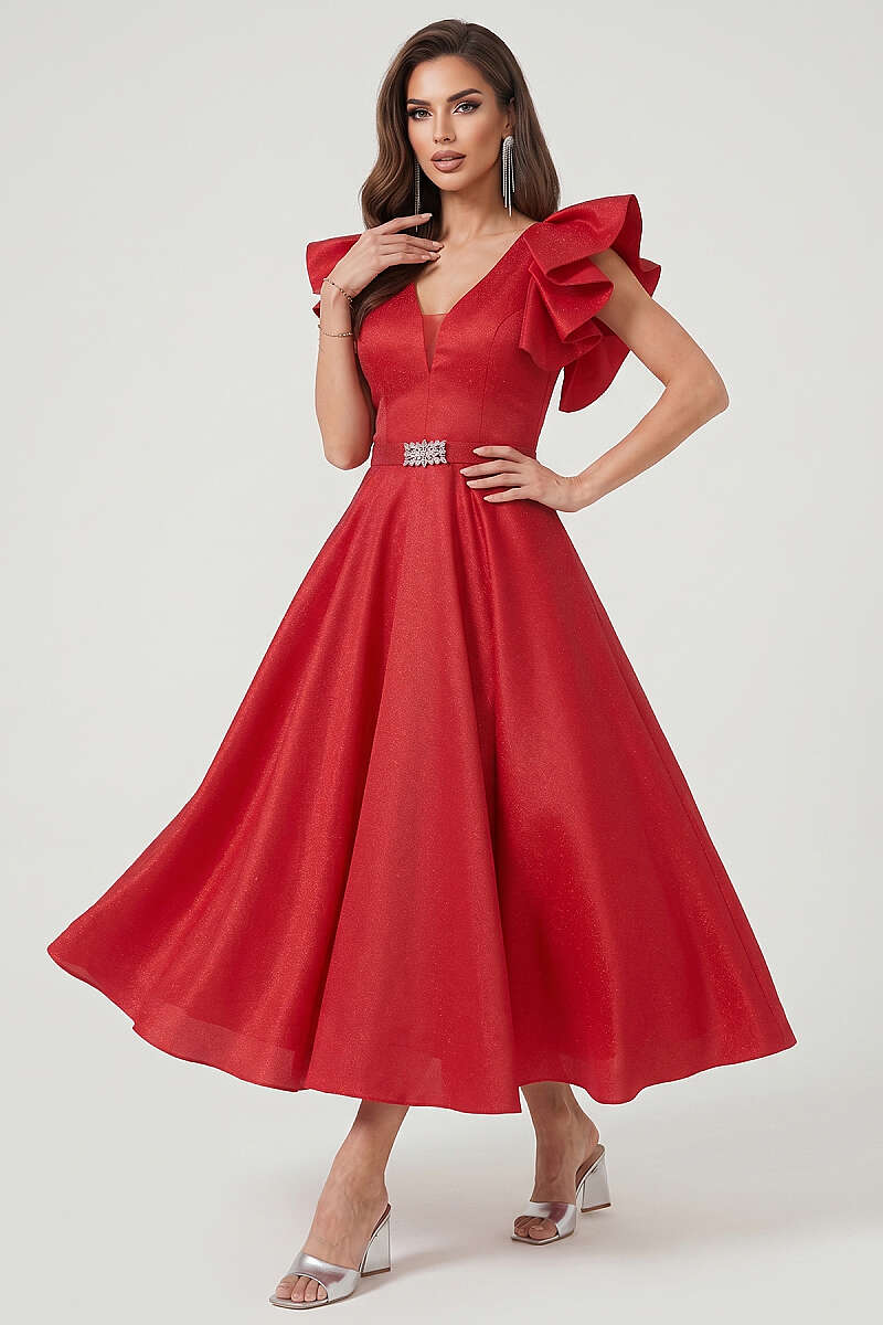 Evening Dress with Ruffled Sleeves - Red