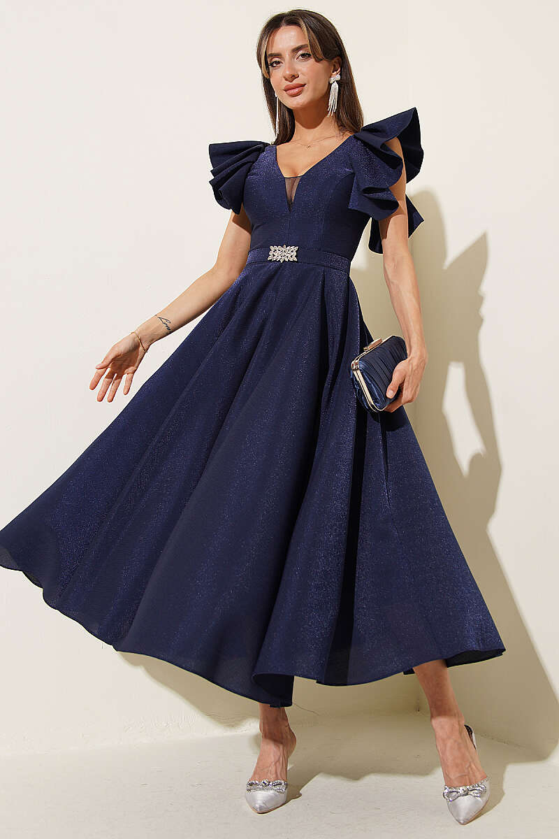 Evening Dress with Ruffled Sleeves - Navy