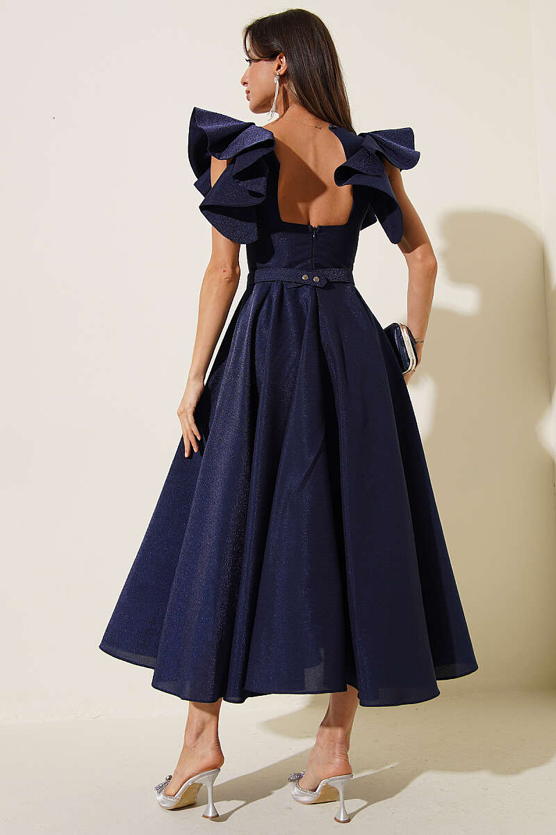 Evening Dress with Ruffled Sleeves - Navy