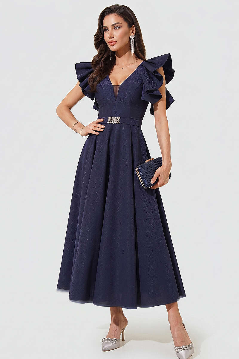Evening Dress with Ruffled Sleeves - Navy