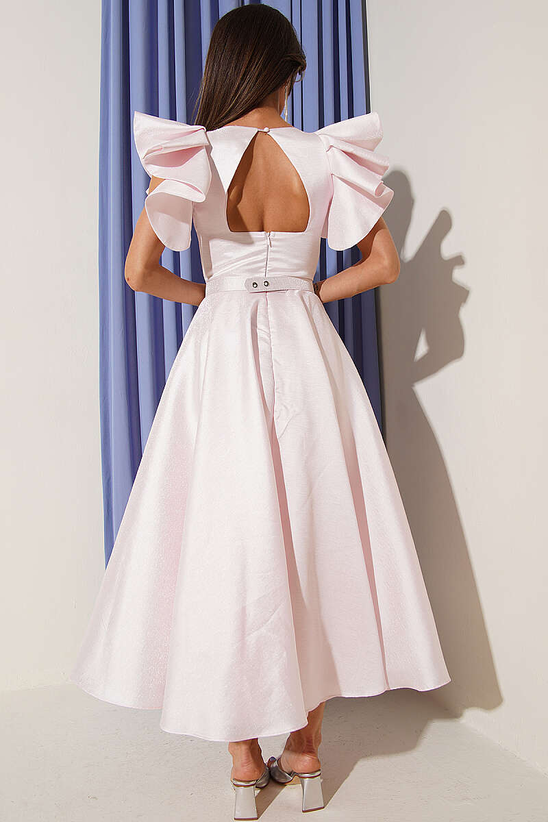 Evening Dress with Ruffled Sleeves - Powder