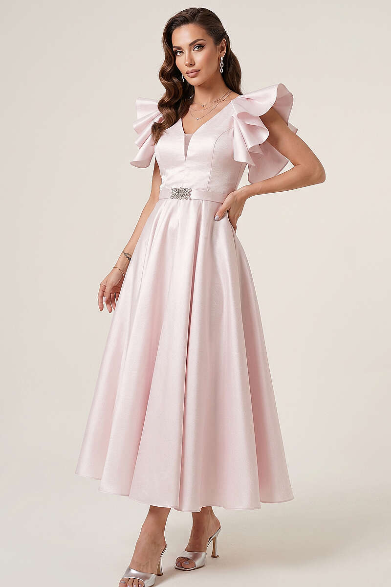 Evening Dress with Ruffled Sleeves - Powder