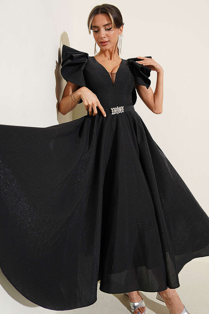 Evening Dress with Ruffled Sleeves - Black