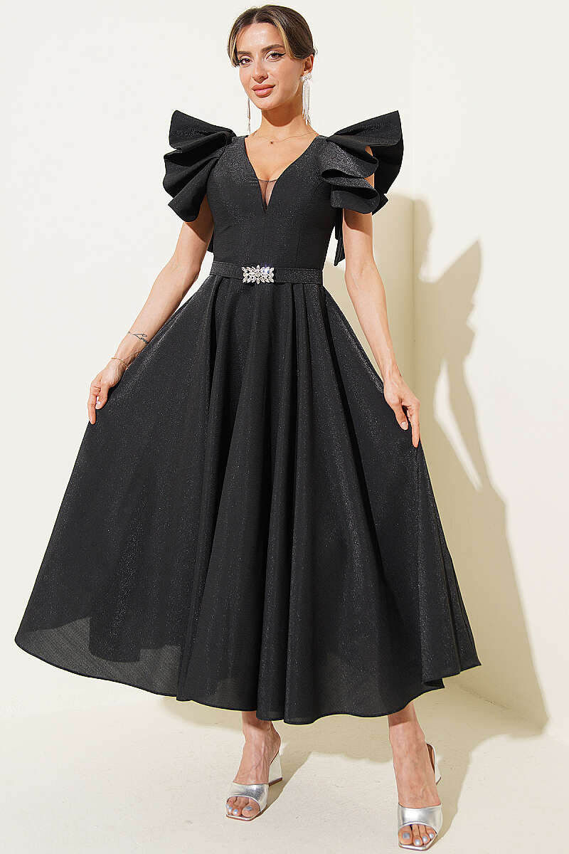 Evening Dress with Ruffled Sleeves - Black