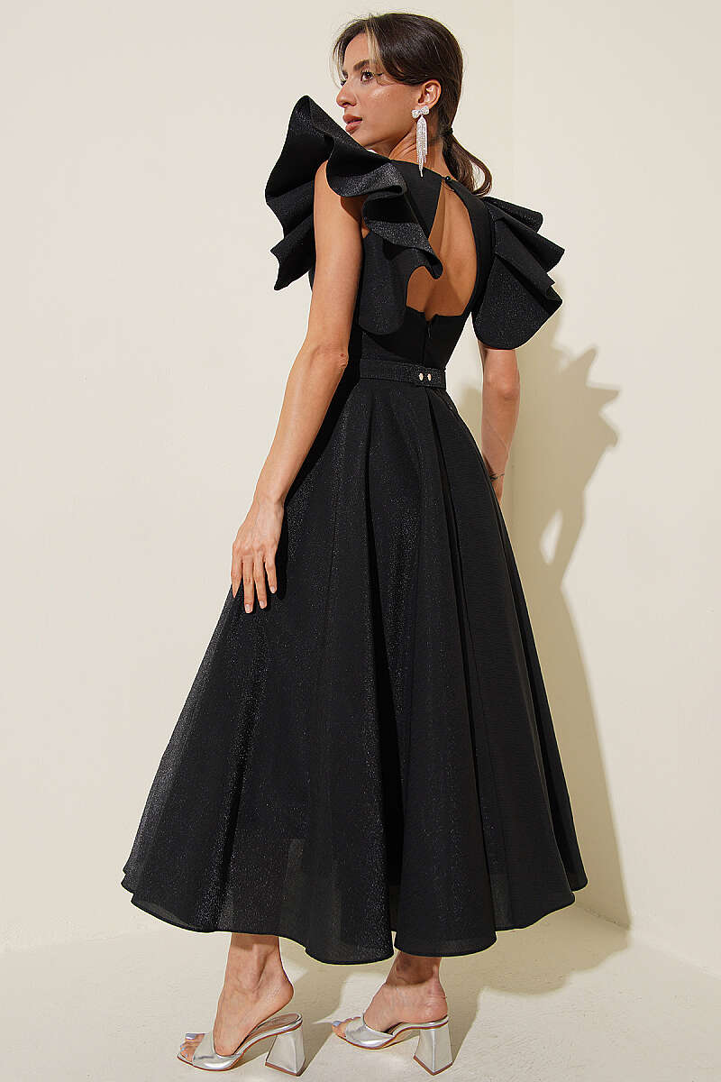 Evening Dress with Ruffled Sleeves - Black