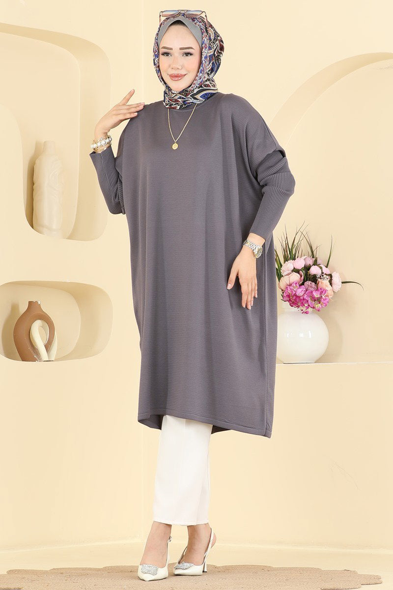 Mercerised Tunic with Ribbed Sleeves - Charcoal