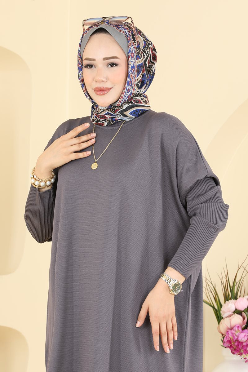 Mercerised Tunic with Ribbed Sleeves - Charcoal