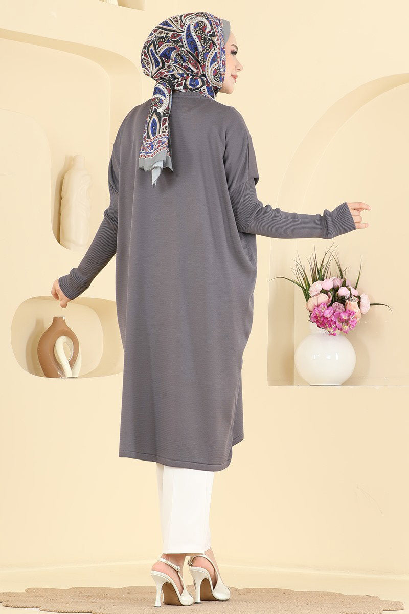 Mercerised Tunic with Ribbed Sleeves - Charcoal