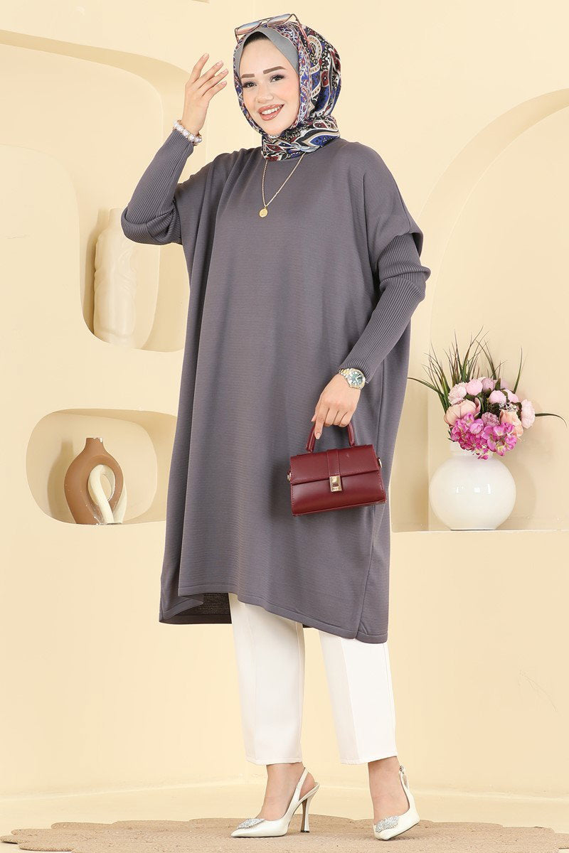 Mercerised Tunic with Ribbed Sleeves - Charcoal