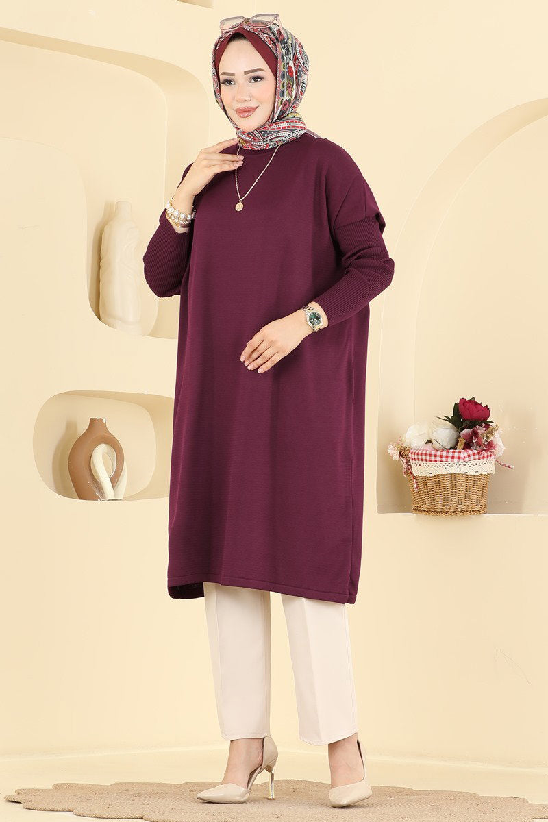 Mercerised Tunic with Ribbed Sleeves - Burgundy