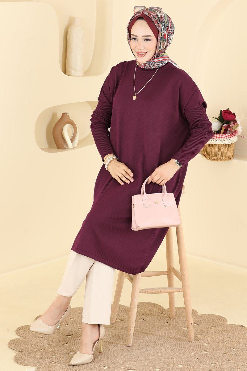 Mercerised Tunic with Ribbed Sleeves - Burgundy