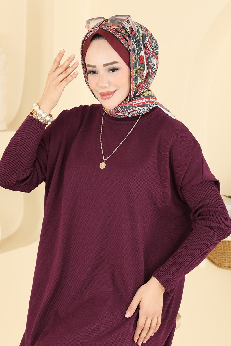 Mercerised Tunic with Ribbed Sleeves - Burgundy
