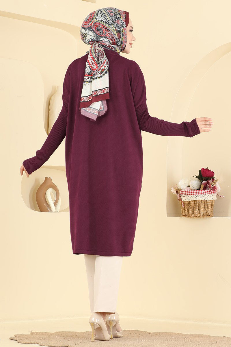 Mercerised Tunic with Ribbed Sleeves - Burgundy