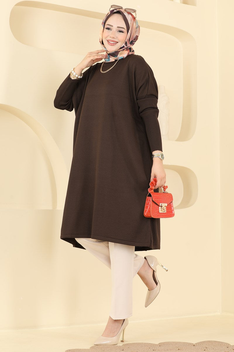 Mercerised Tunic with Ribbed Sleeves - Brown