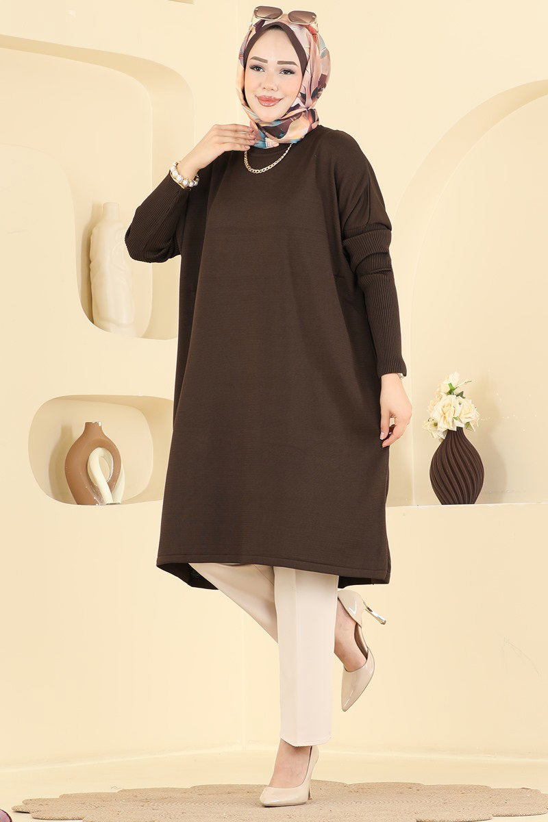 Mercerised Tunic with Ribbed Sleeves - Brown