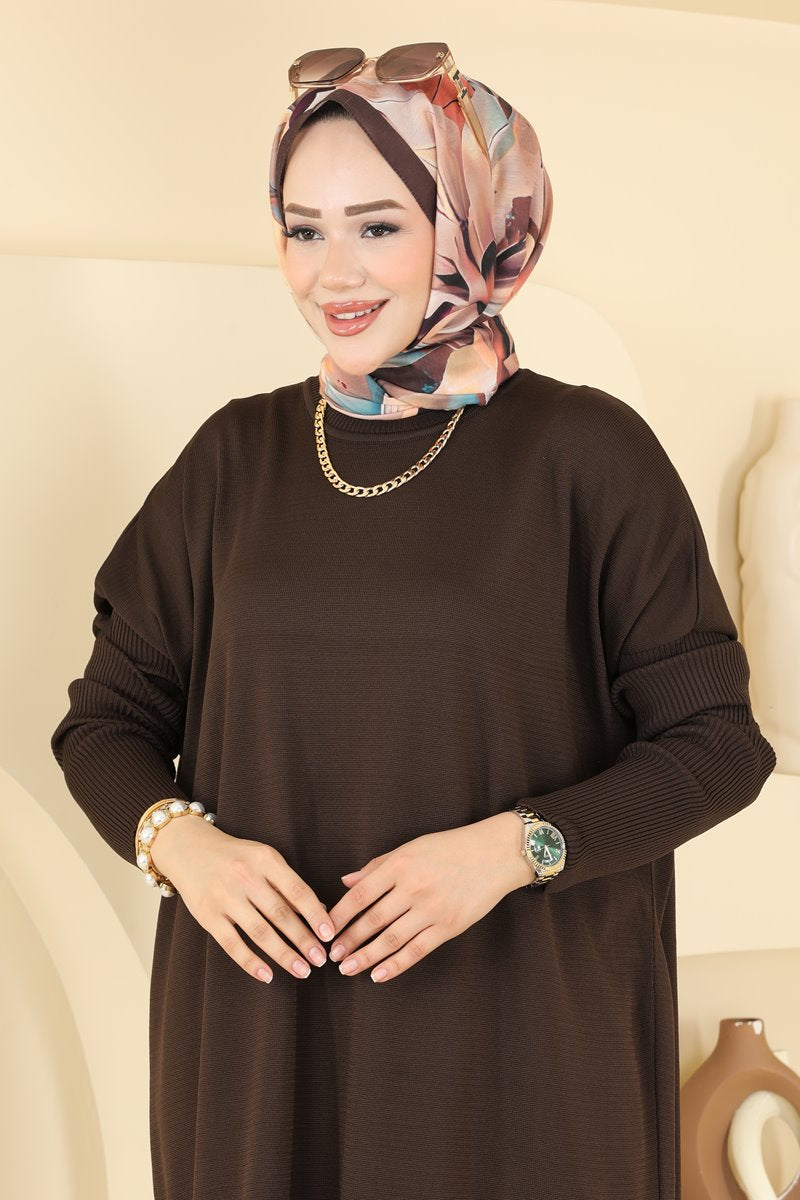 Mercerised Tunic with Ribbed Sleeves - Brown
