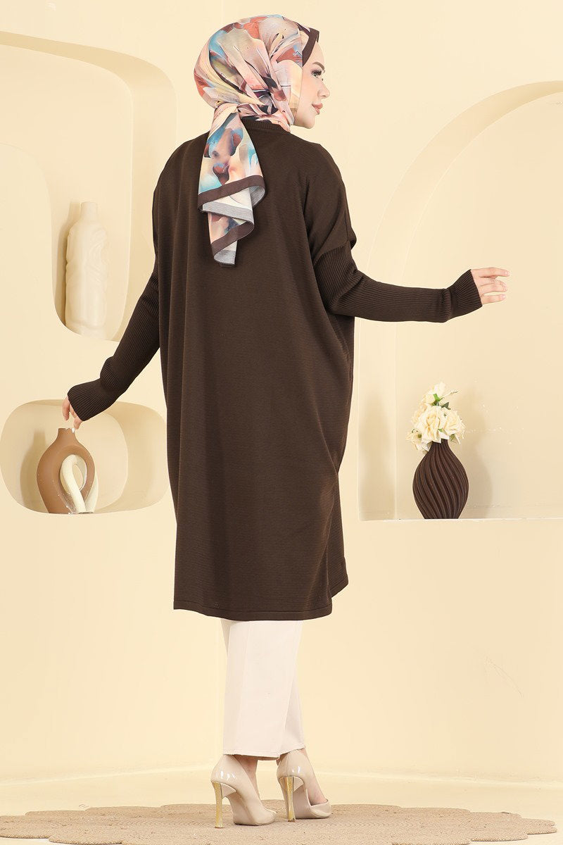 Mercerised Tunic with Ribbed Sleeves - Brown