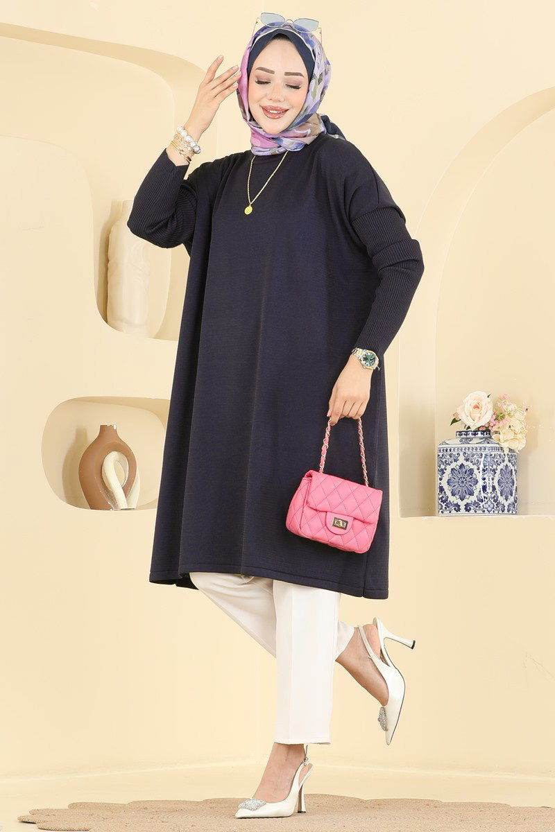 Mercerised Tunic with Ribbed Sleeves - Dark Navy