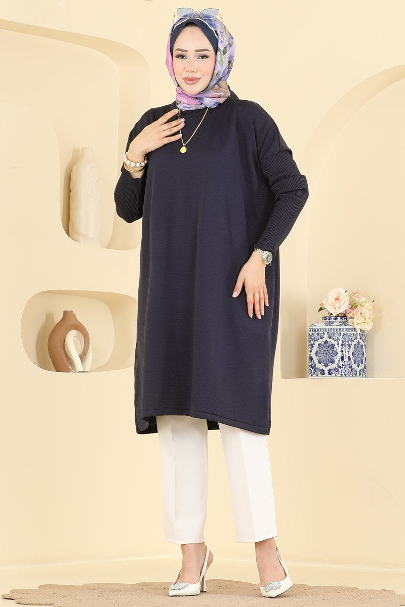 Mercerised Tunic with Ribbed Sleeves - Dark Navy