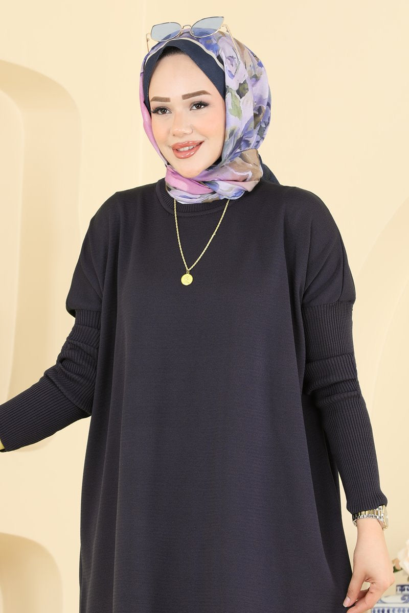 Mercerised Tunic with Ribbed Sleeves - Dark Navy