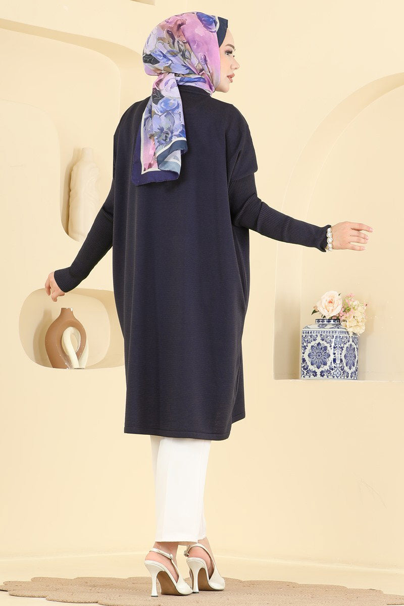Mercerised Tunic with Ribbed Sleeves - Dark Navy