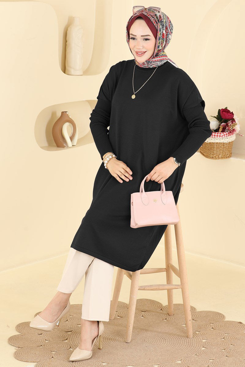 Mercerised Tunic with Ribbed Sleeves - Black
