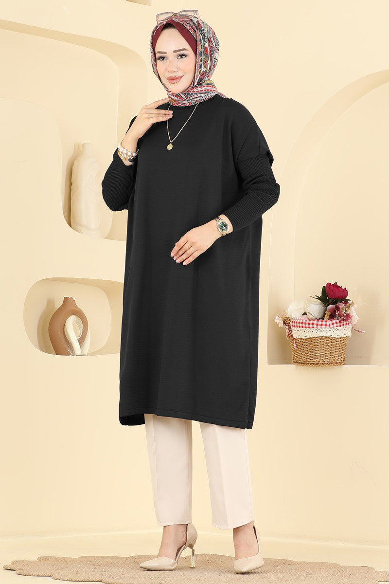 Mercerised Tunic with Ribbed Sleeves - Black