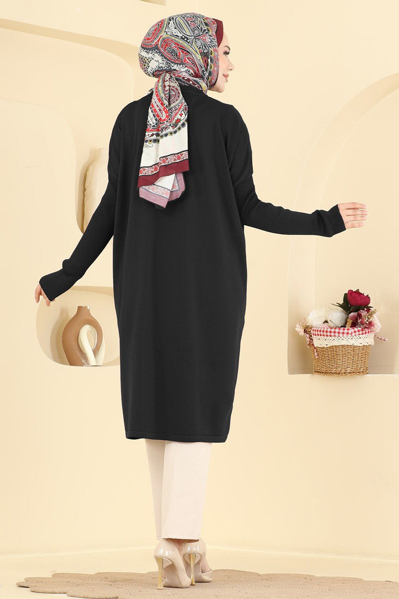 Mercerised Tunic with Ribbed Sleeves - Black