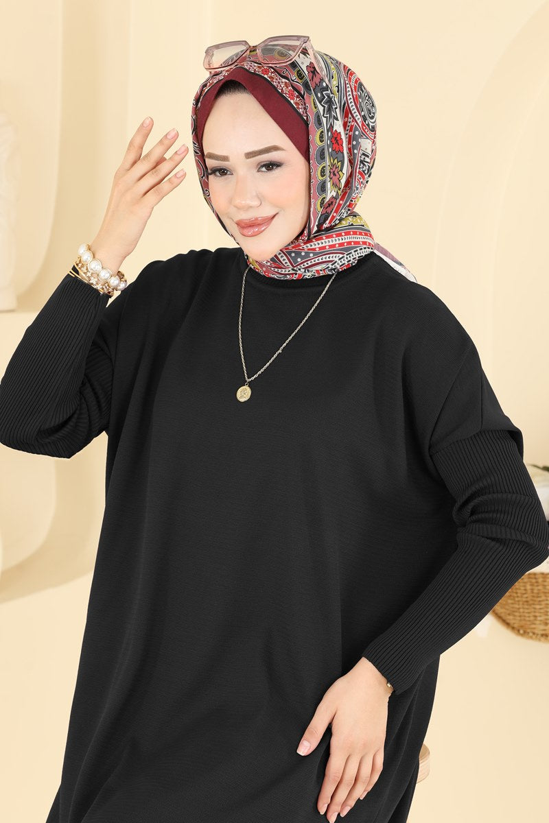 Mercerised Tunic with Ribbed Sleeves - Black