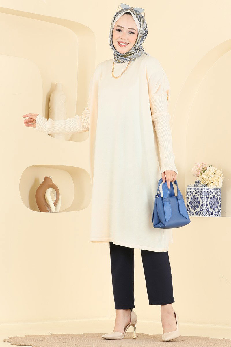 Mercerised Tunic with Ribbed Sleeves - Stone