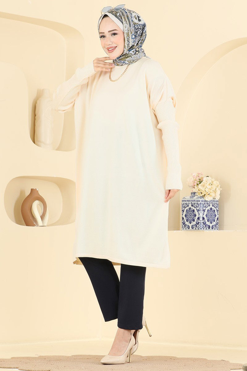 Mercerised Tunic with Ribbed Sleeves - Stone