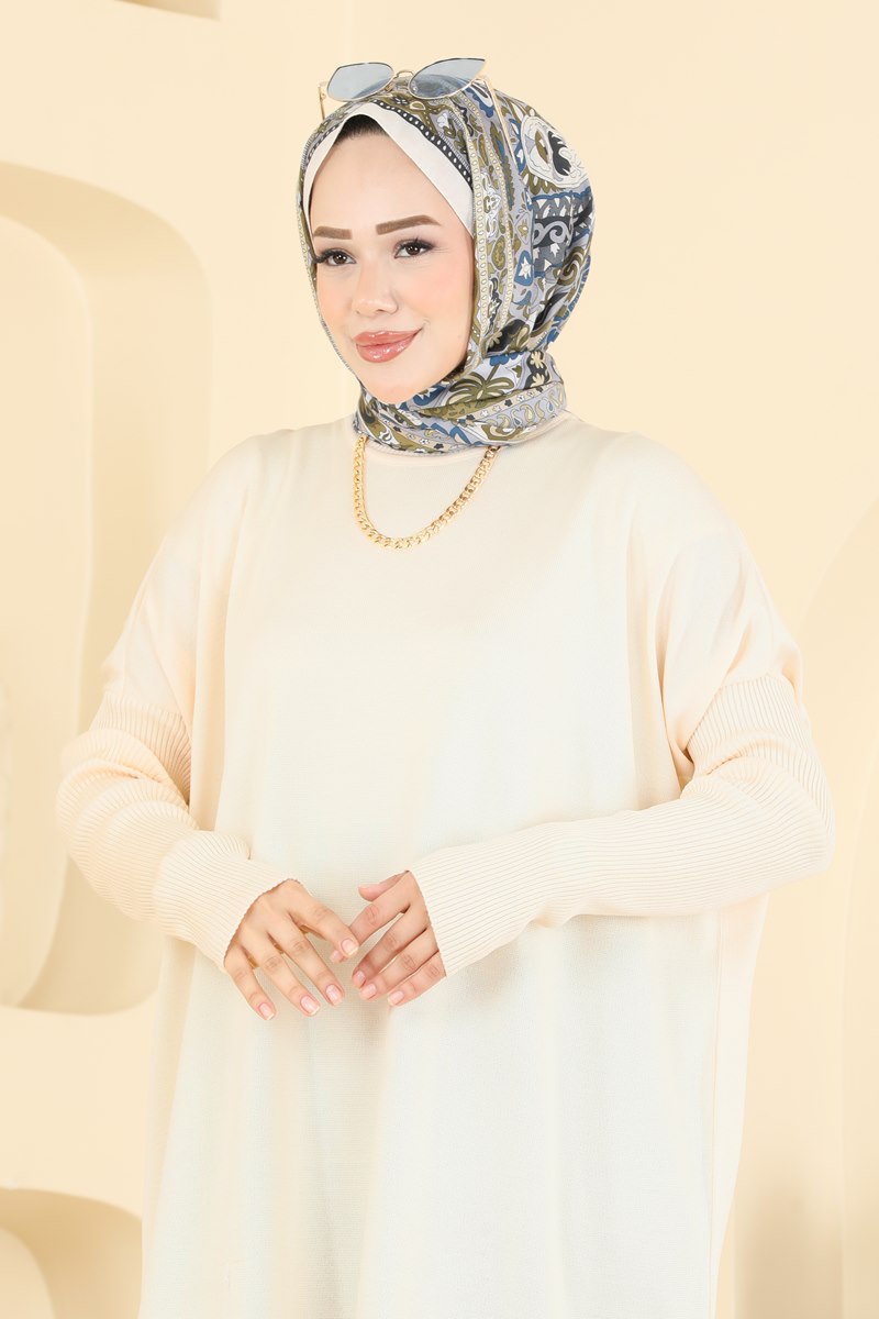 Mercerised Tunic with Ribbed Sleeves - Stone