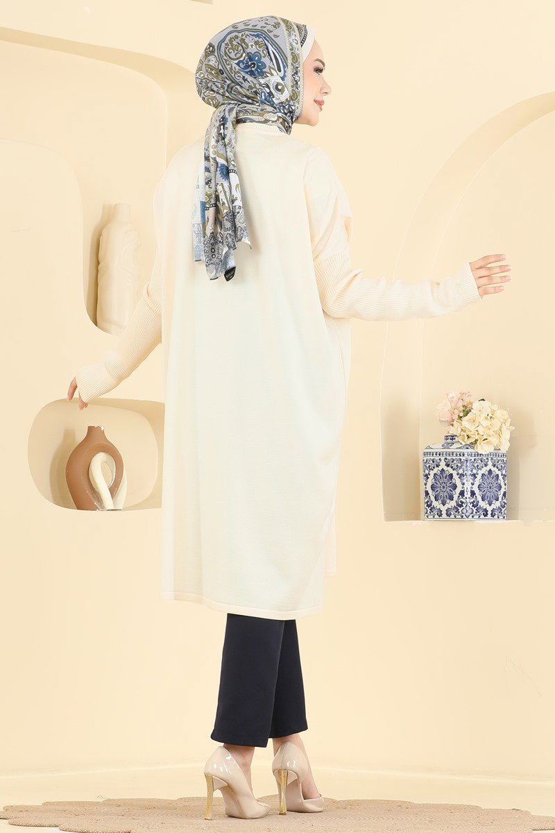 Mercerised Tunic with Ribbed Sleeves - Stone